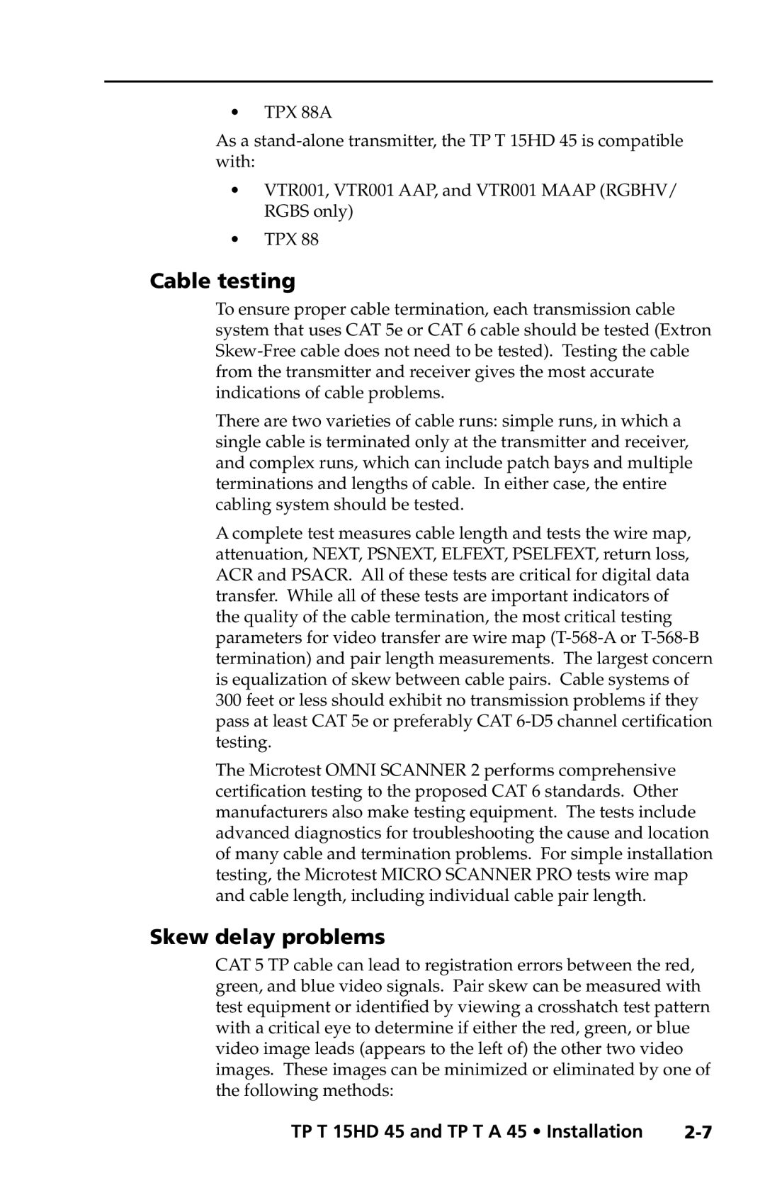 Extron electronic TP T A 45, TP T 15HD 45 manual Cable testing, Skew delay problems 