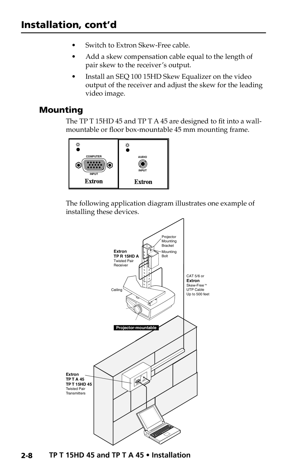 Extron electronic TP T 15HD 45, TP T A 45 manual Installation, cont’d, Mounting 