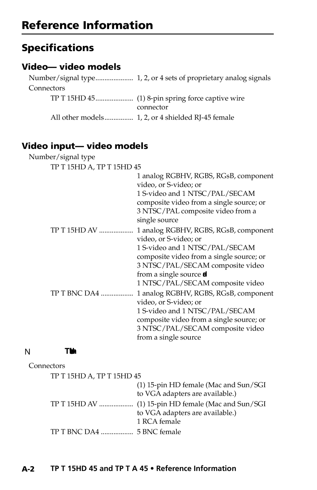 Extron electronic TP T 15HD 45 manual Reference Information, Specifications, Video- video models, Video input- video models 