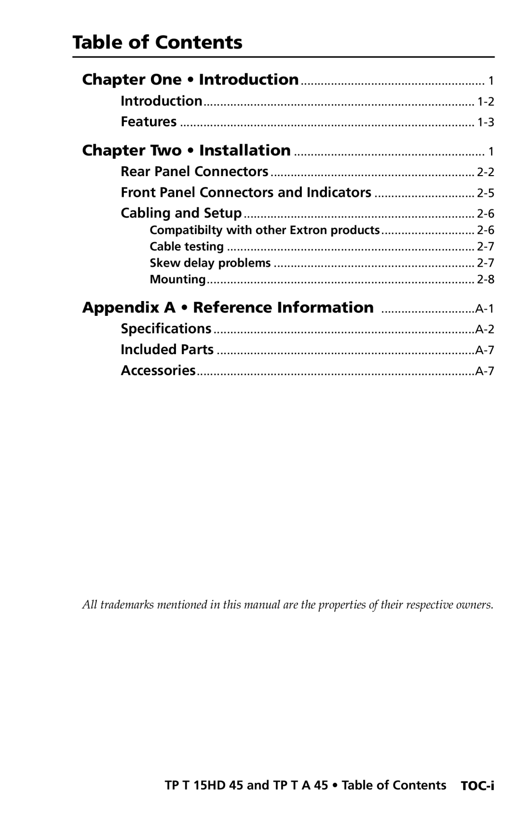 Extron electronic TP T A 45, TP T 15HD 45 manual Table of Contents 