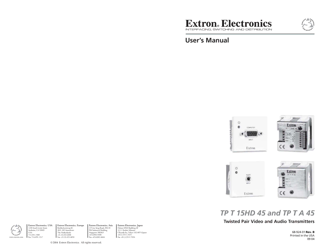 Extron electronic TP T A 45, TP T 15HD 45 user manual User’s Manual, Twisted Pair Video and Audio Transmitters 