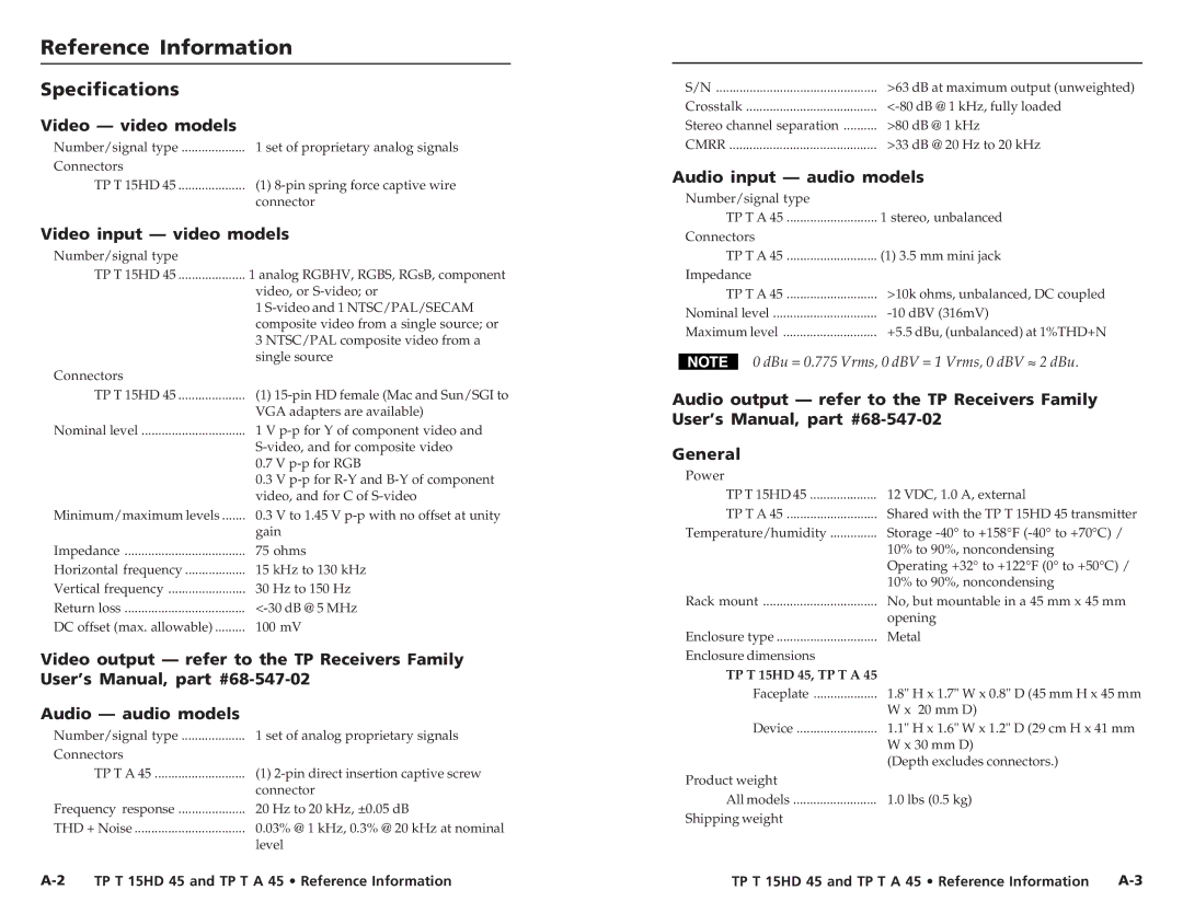 Extron electronic TP T A 45 ReferenceInformation,cont’d Specifications, Video video models, Video input video models 