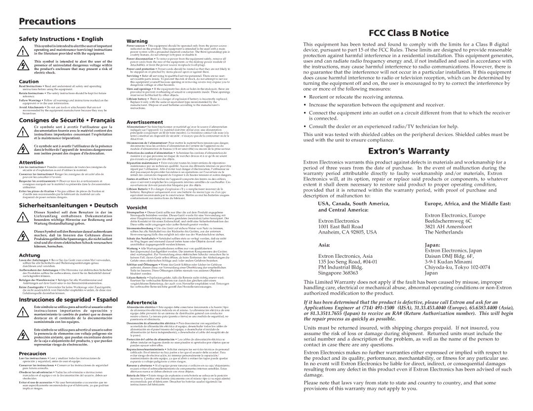 Extron electronic TP T 15HD 45, TP T A 45 user manual Precautions, FCC Class B Notice, Extron’s Warranty 