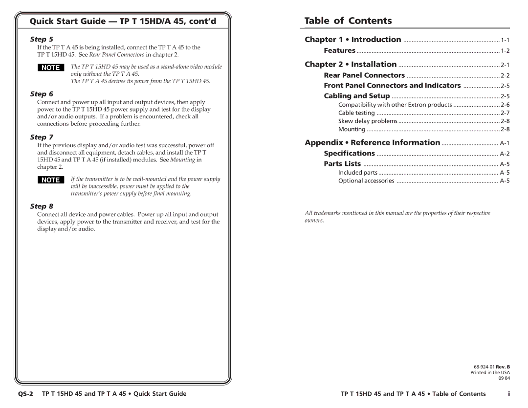 Extron electronic TP T 15HD 45, TP T A 45 user manual Table of Contents 