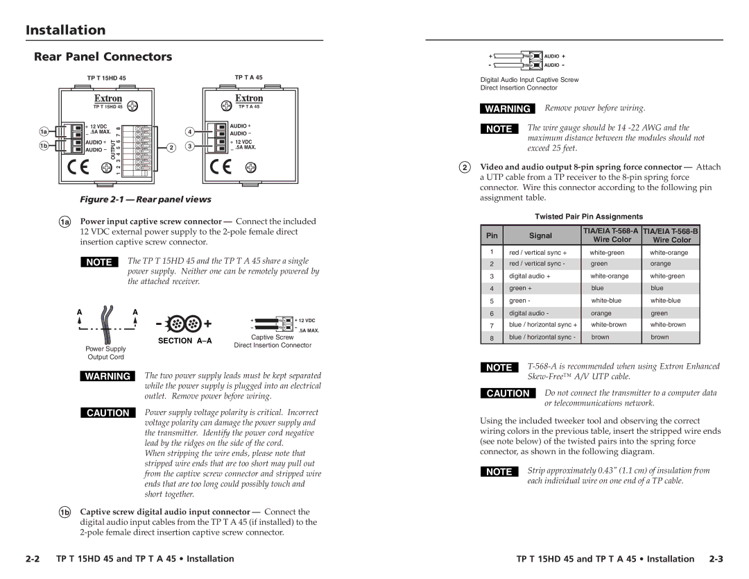 Extron electronic TP T A 45, TP T 15HD 45 user manual Installationtal ation, cont’d Rear Panel Connectors 