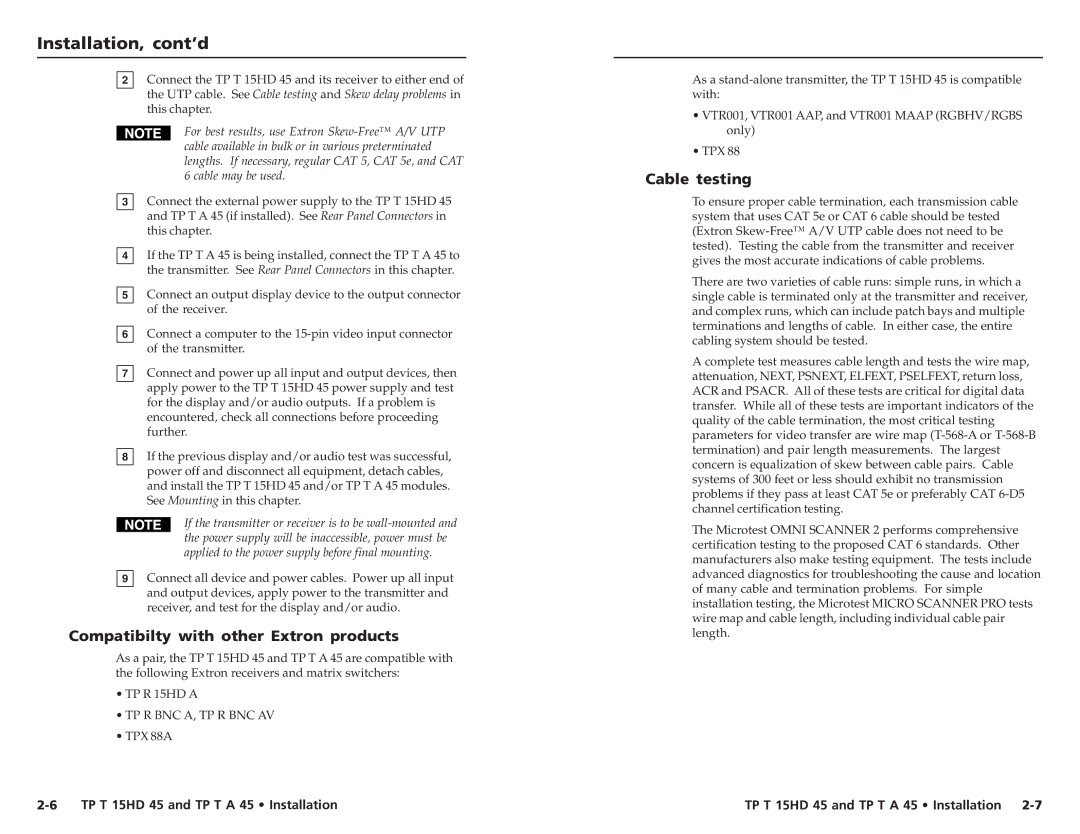 Extron electronic TP T A 45, TP T 15HD 45 user manual Compatibilty with other Extron products, Cable testing 