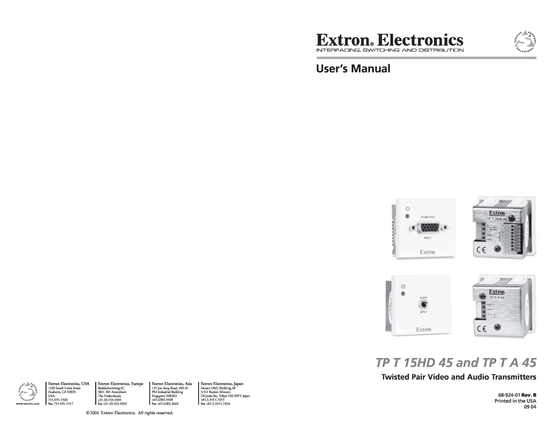 Extron electronic TP T A 45 manual Twisted Pair Video and Audio Transmitters, TP T 15HD 45 and TP T A, 68-924-01 Rev. D 