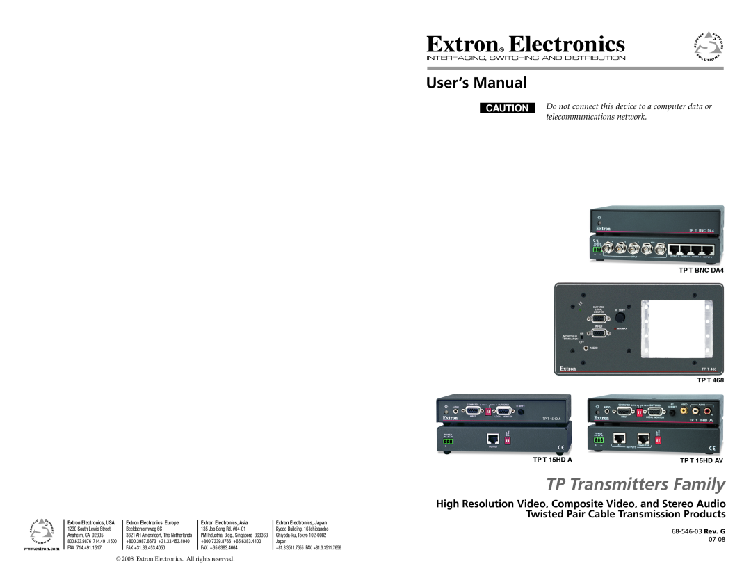 Extron electronic TP T 15HD AV, TP T BNC DA4, TP T 468 user manual TP Transmitters Family, 68-546-03 Rev. G 
