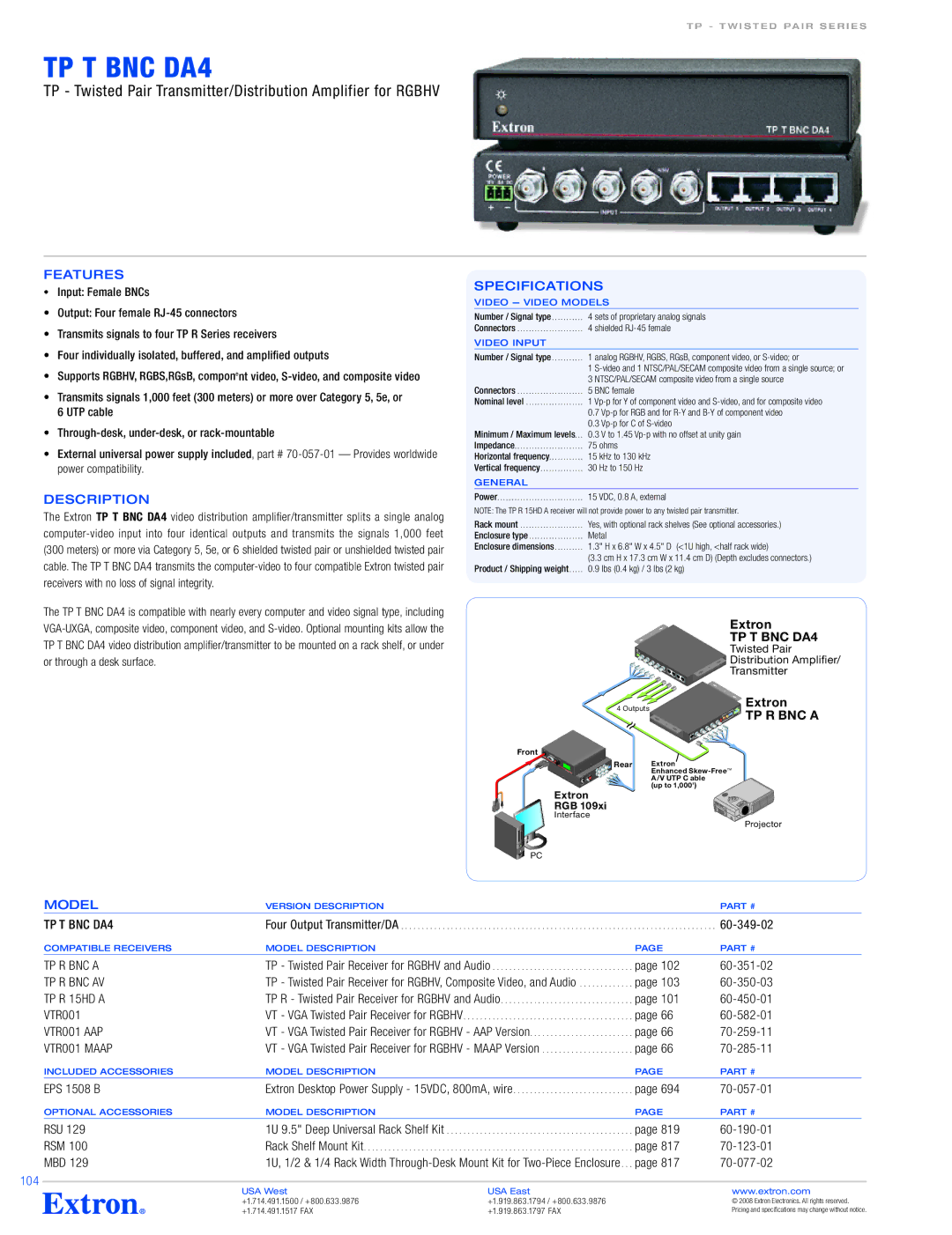 Extron electronic TP T BNC DA4 specifications Specifications, Description 