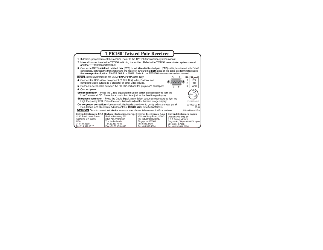 Extron electronic system manual TPR150 Twisted Pair Receiver, Extron Electronics, Japan, Pin Signal, Usa 