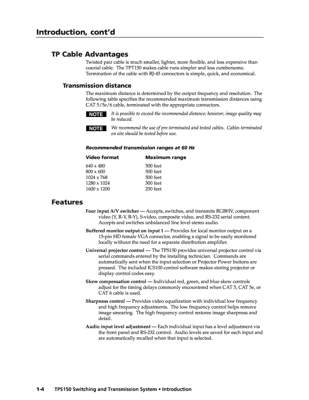 Extron electronic TPS150 manual Introduction, cont’d, TP Cable Advantages, Features, Transmission distance, Video format 