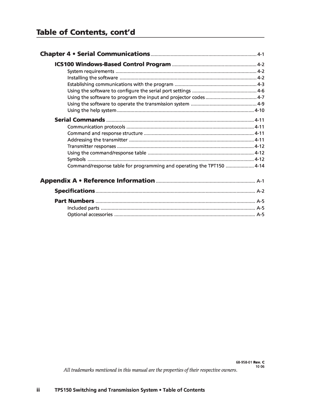 Extron electronic manual Table of Contents, cont’d, ii TPS150 Switching and Transmission System Table of Contents 