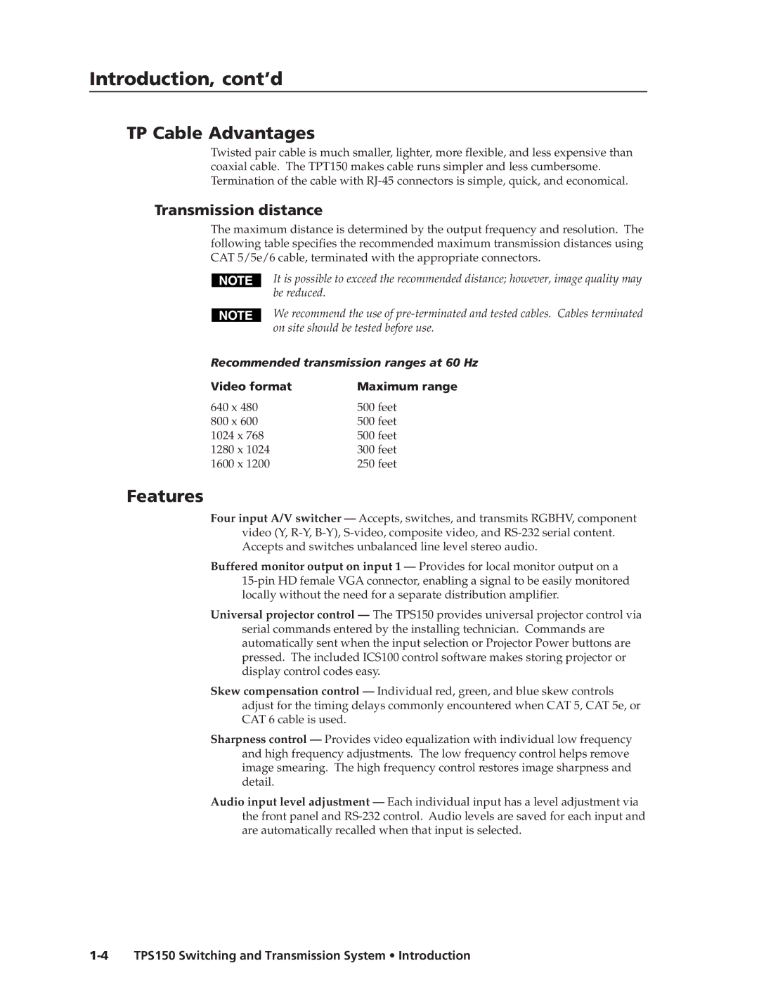 Extron electronic TPS150 manual Introduction, cont’d, TP Cable Advantages, Features, Transmission distance 