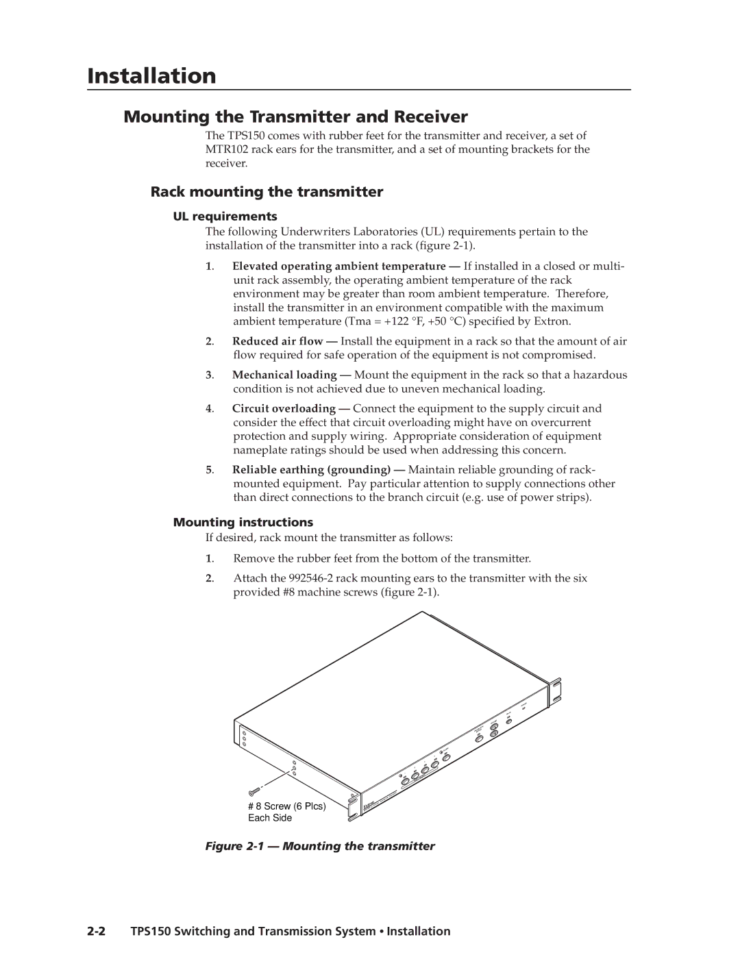 Extron electronic TPS150 manual Installationstallation, cont’d, Mounting the Transmitter and Receiver 