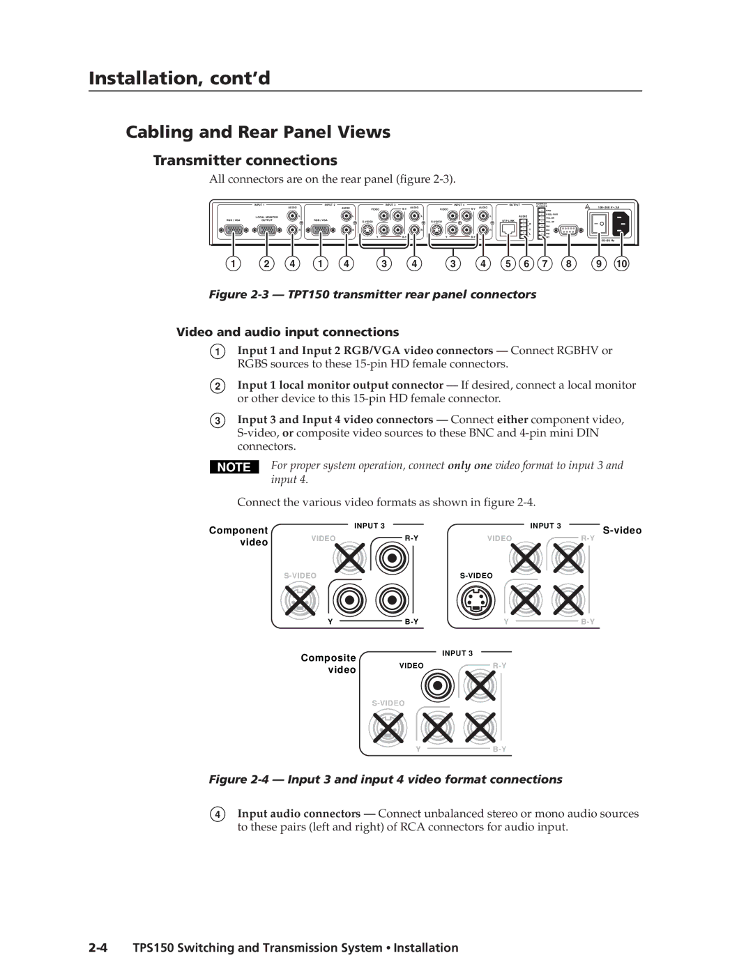 Extron electronic TPS150 manual Installation, cont’d, Cabling and Rear Panel Views, Transmitter connections 
