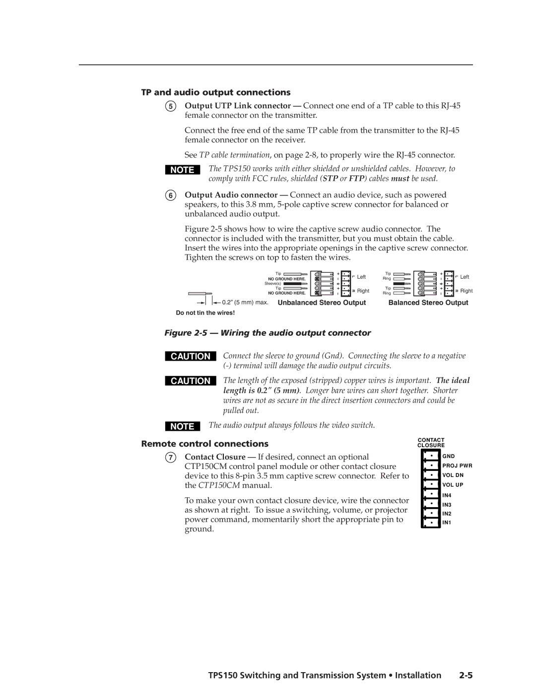 Extron electronic TPS150 manual TP and audio output connections, Remote control connections 