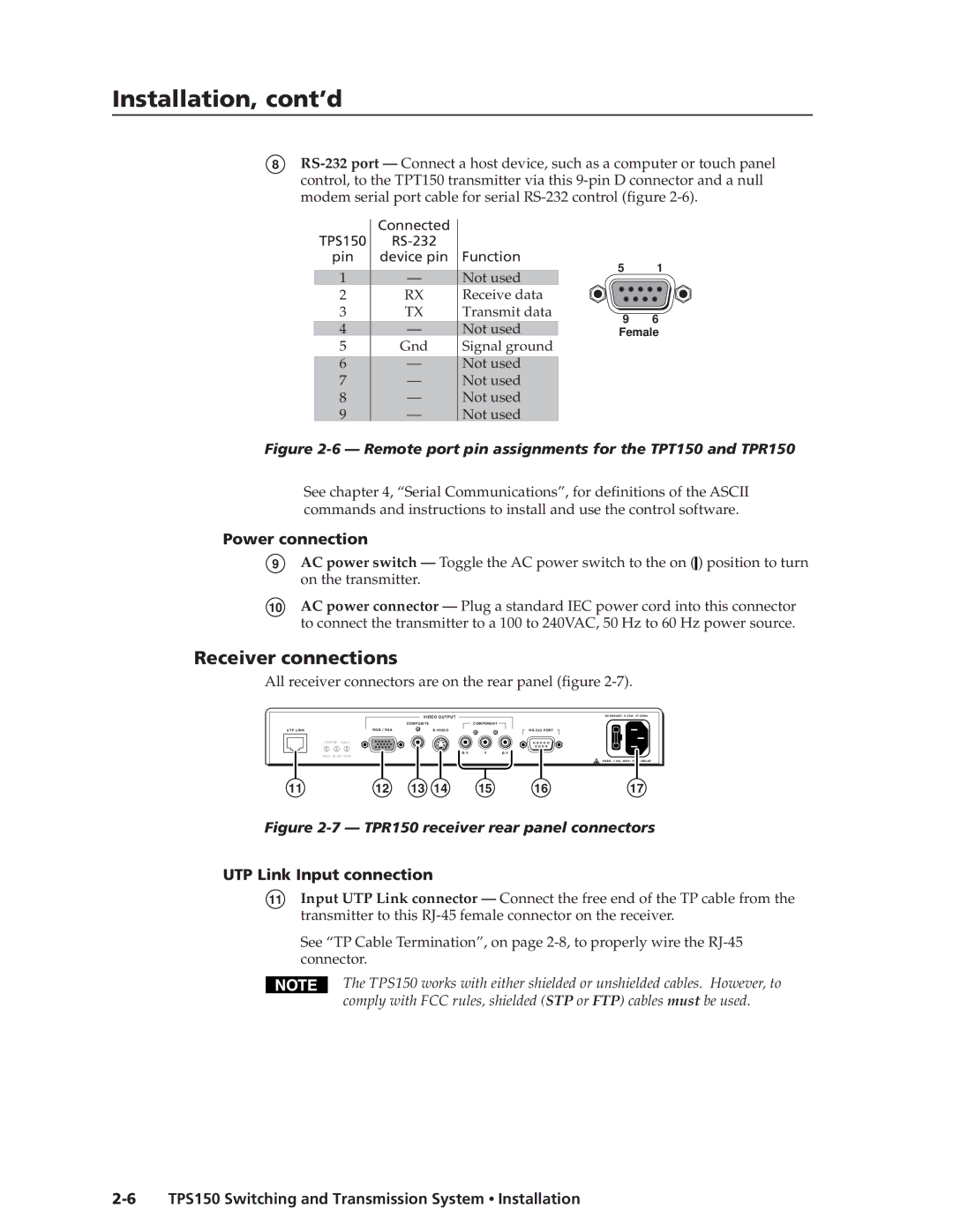 Extron electronic TPS150 manual Receiver connections, Power connection, UTP Link Input connection 