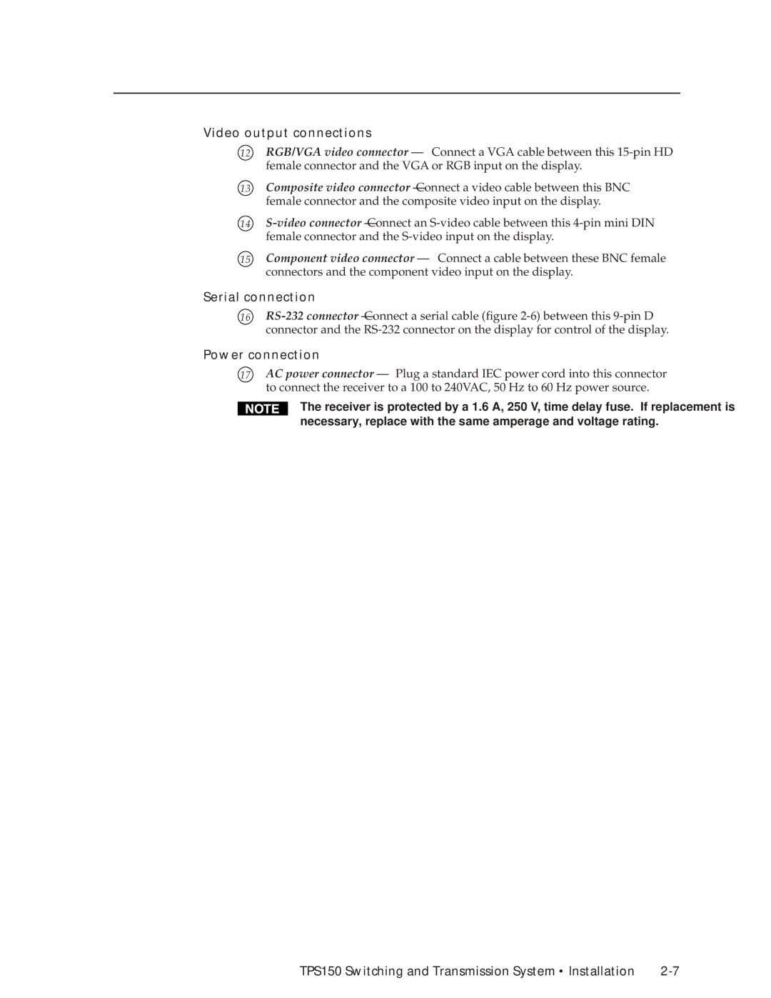 Extron electronic TPS150 manual Video output connections, Serial connection 