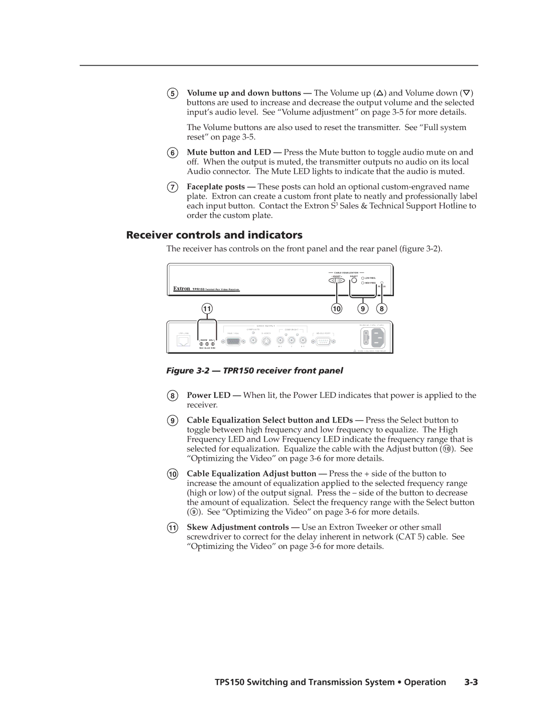 Extron electronic TPS150 manual Receiver controls and indicators, TPR150 receiver front panel 