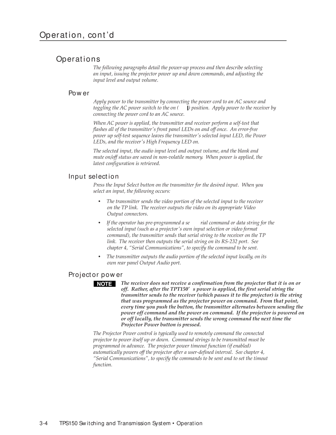 Extron electronic TPS150 manual Operation, cont’d, Operations, Power, Input selection, Projector power 