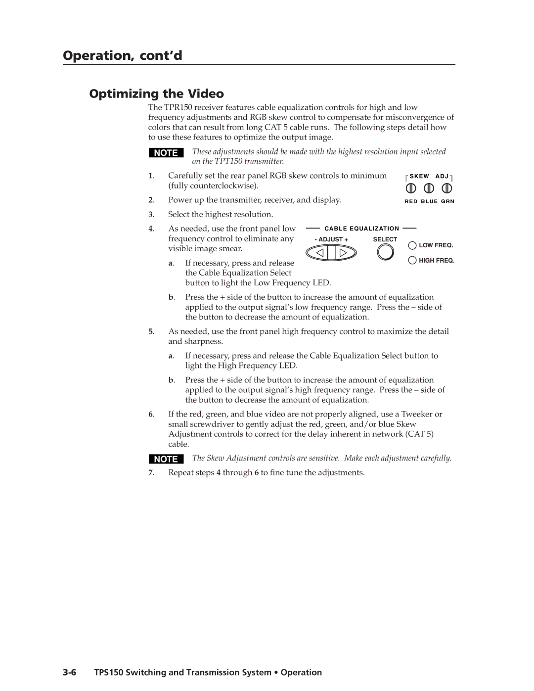 Extron electronic TPS150 manual Optimizing the Video 