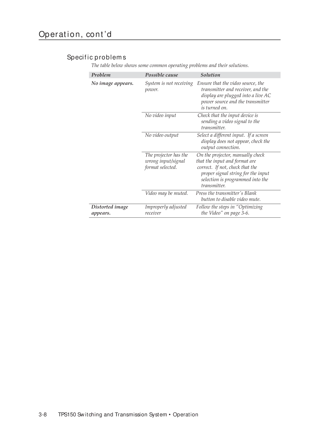 Extron electronic TPS150 Specific problems, Problem Possible cause Solution No image appears, Distorted image, Appears 