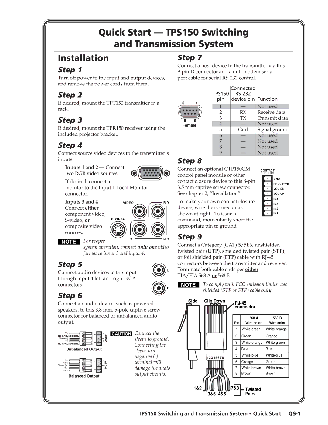 Extron electronic TPS150 manual Inputs 1 and 2 Connect two RGB video sources, Inputs 3 