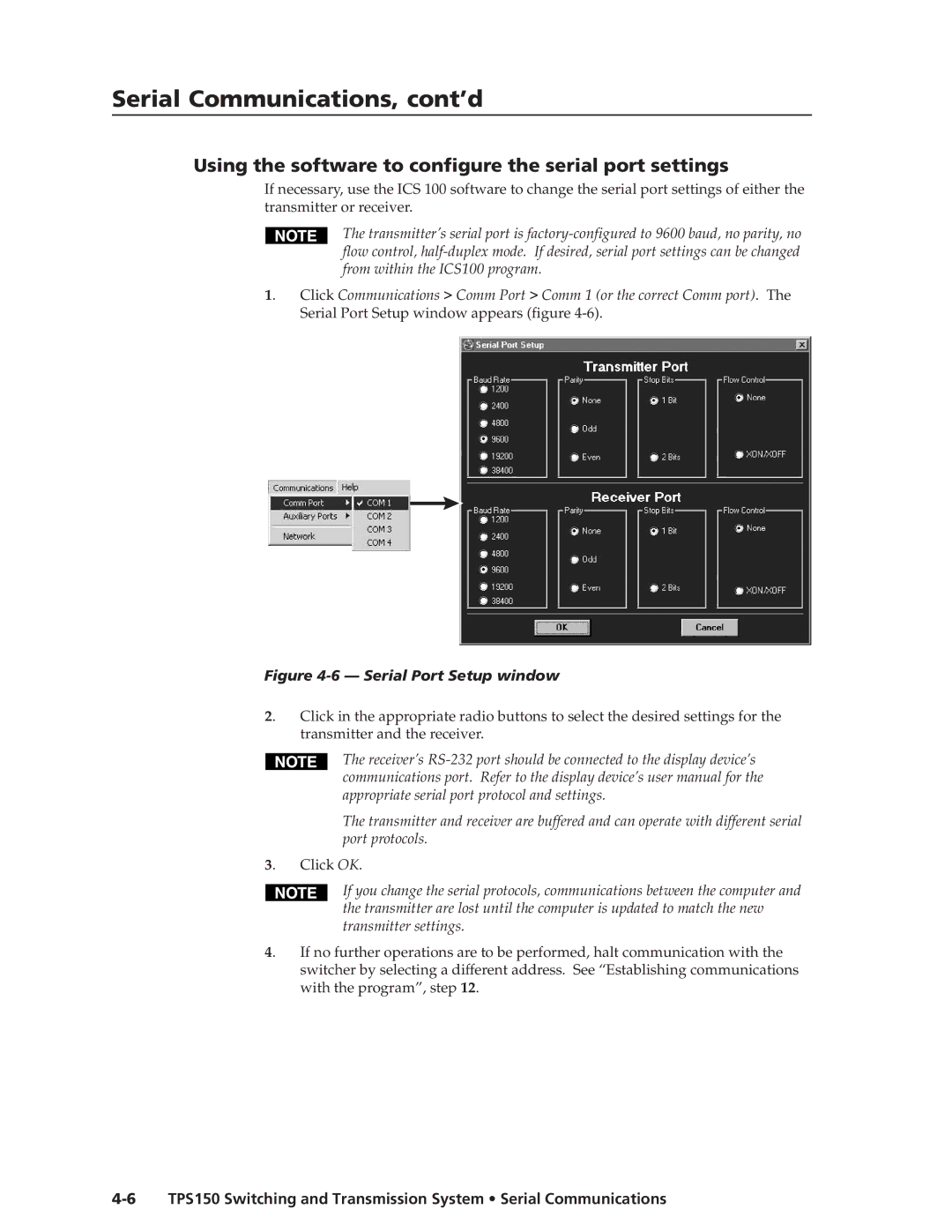 Extron electronic TPS150 manual Using the software to configure the serial port settings 