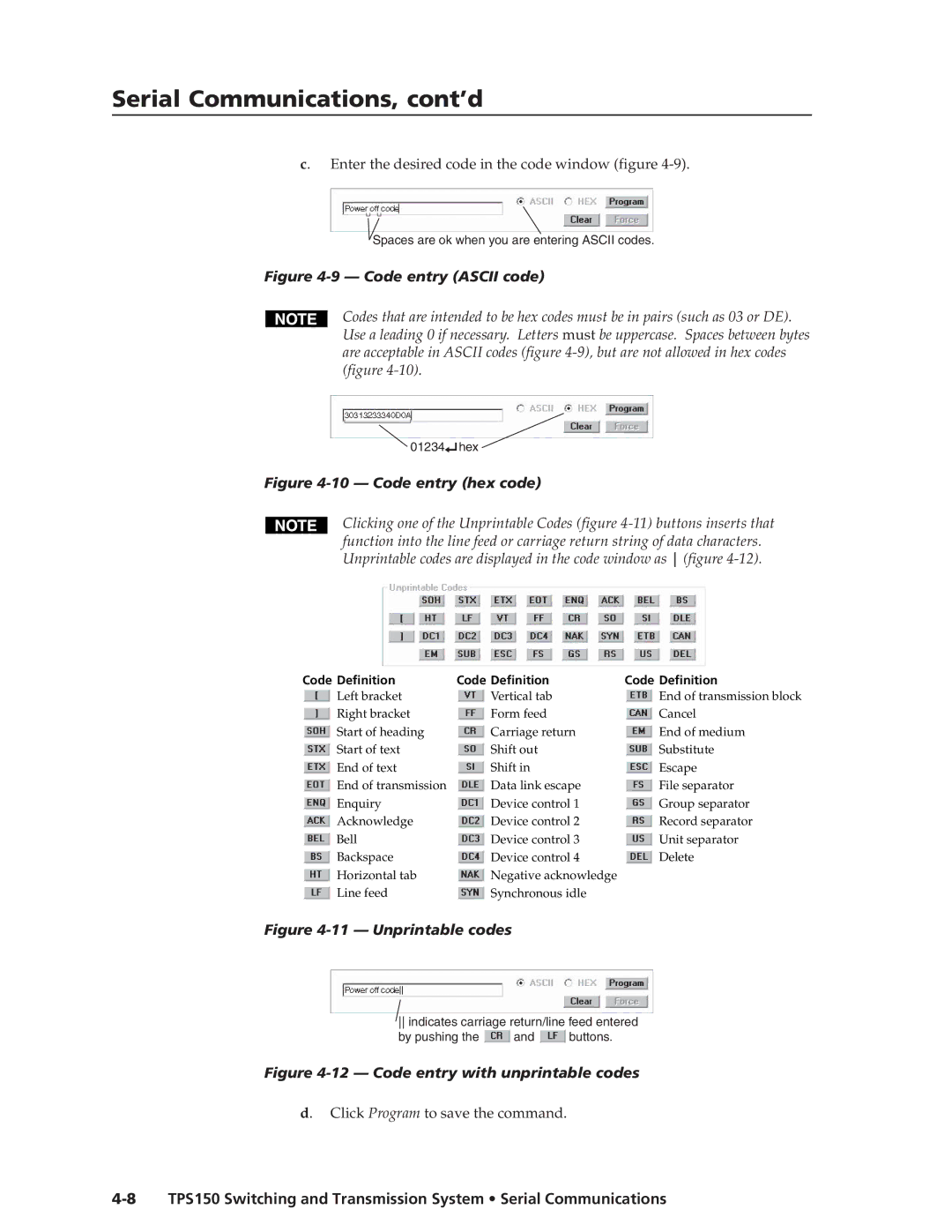 Extron electronic TPS150 manual Code entry Ascii code 