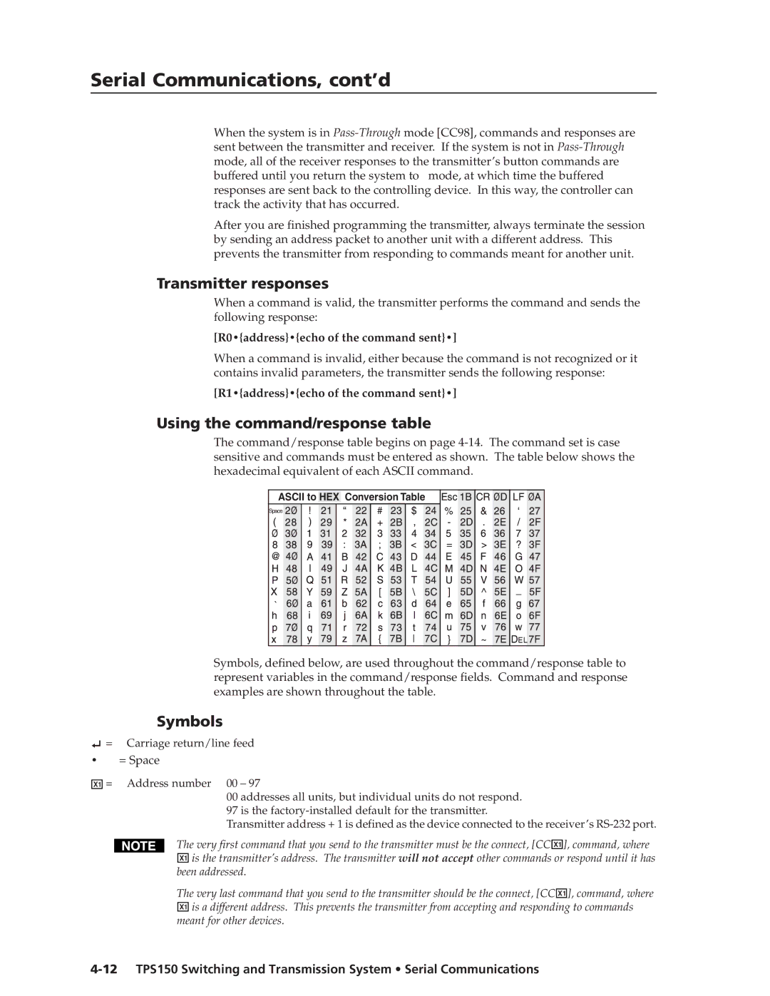 Extron electronic TPS150 manual Transmitter responses, Using the command/response table, Symbols 