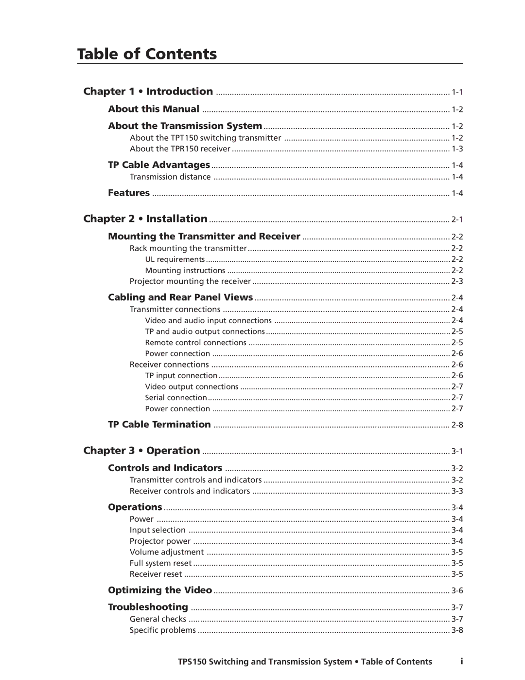 Extron electronic TPS150 manual Table of Contents 