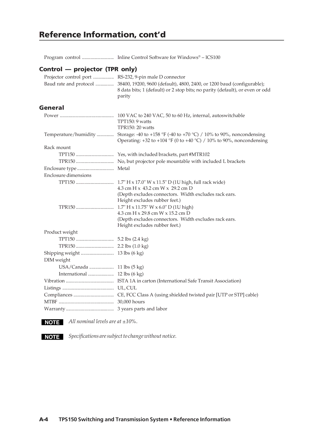 Extron electronic TPS150 manual Reference Information, cont’d, Control projector TPR only 