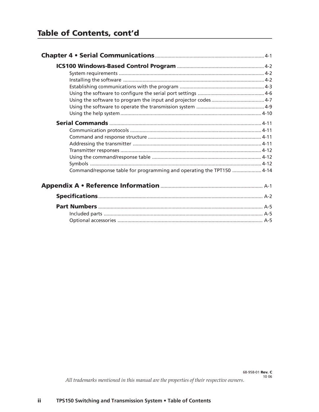 Extron electronic TPS150 manual Table of Contents, cont’d 