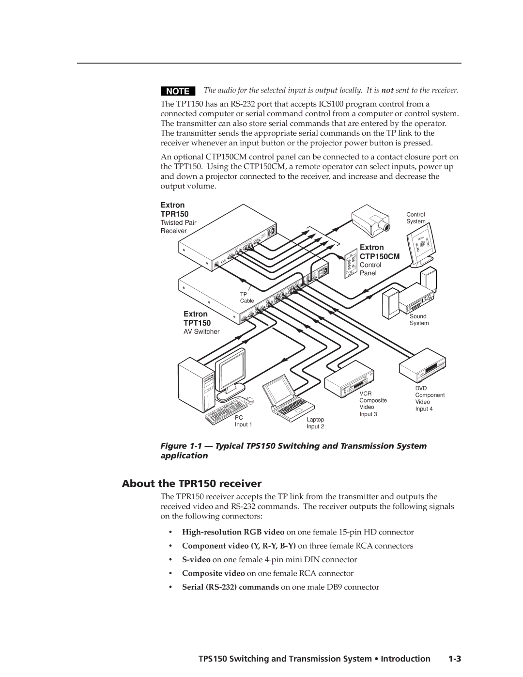 Extron electronic TPS150 manual About the TPR150 receiver, Component video Y, R-Y, B-Y on three female RCA connectors 