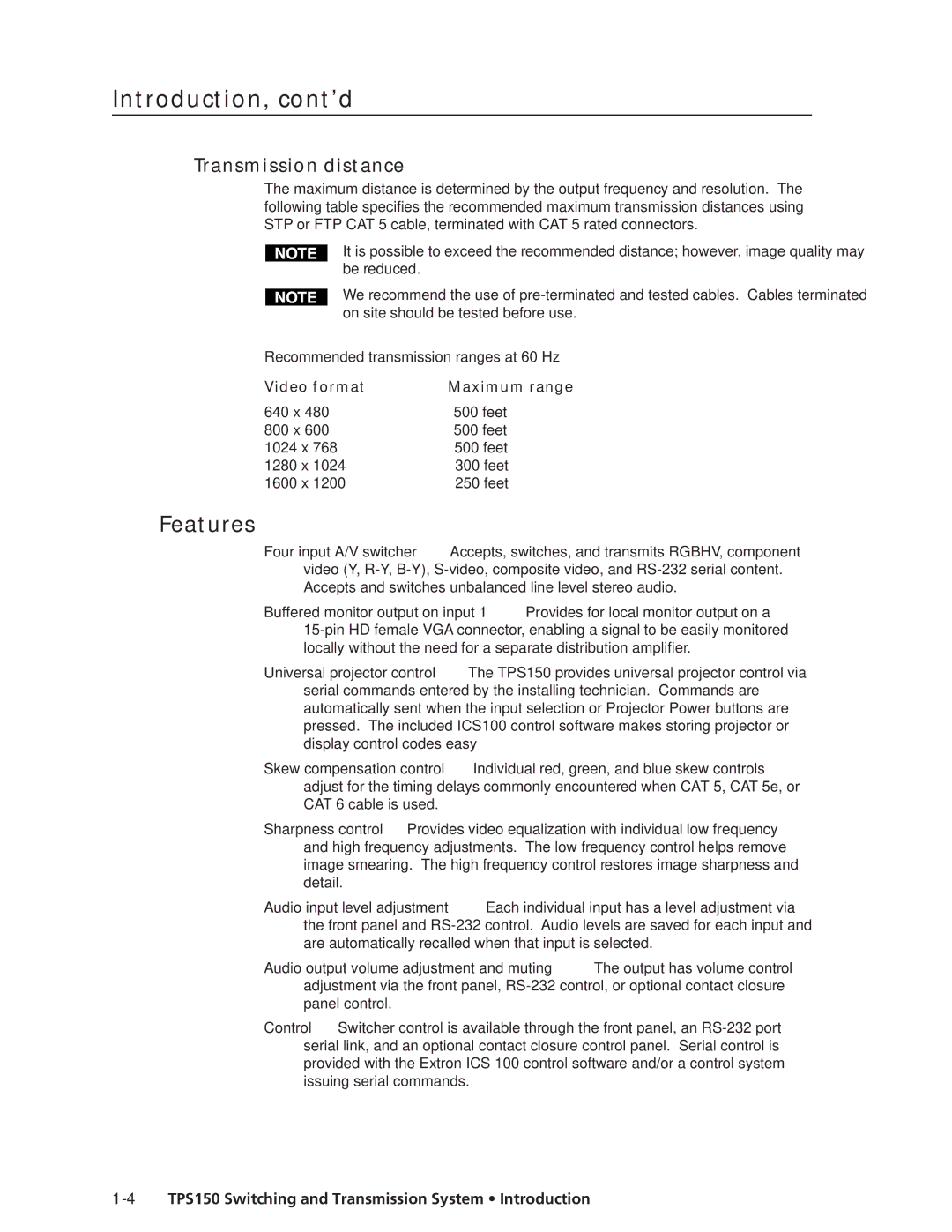 Extron electronic TPS150 manual Introduction, cont’d, Features, Transmission distance, Video format Maximum range 