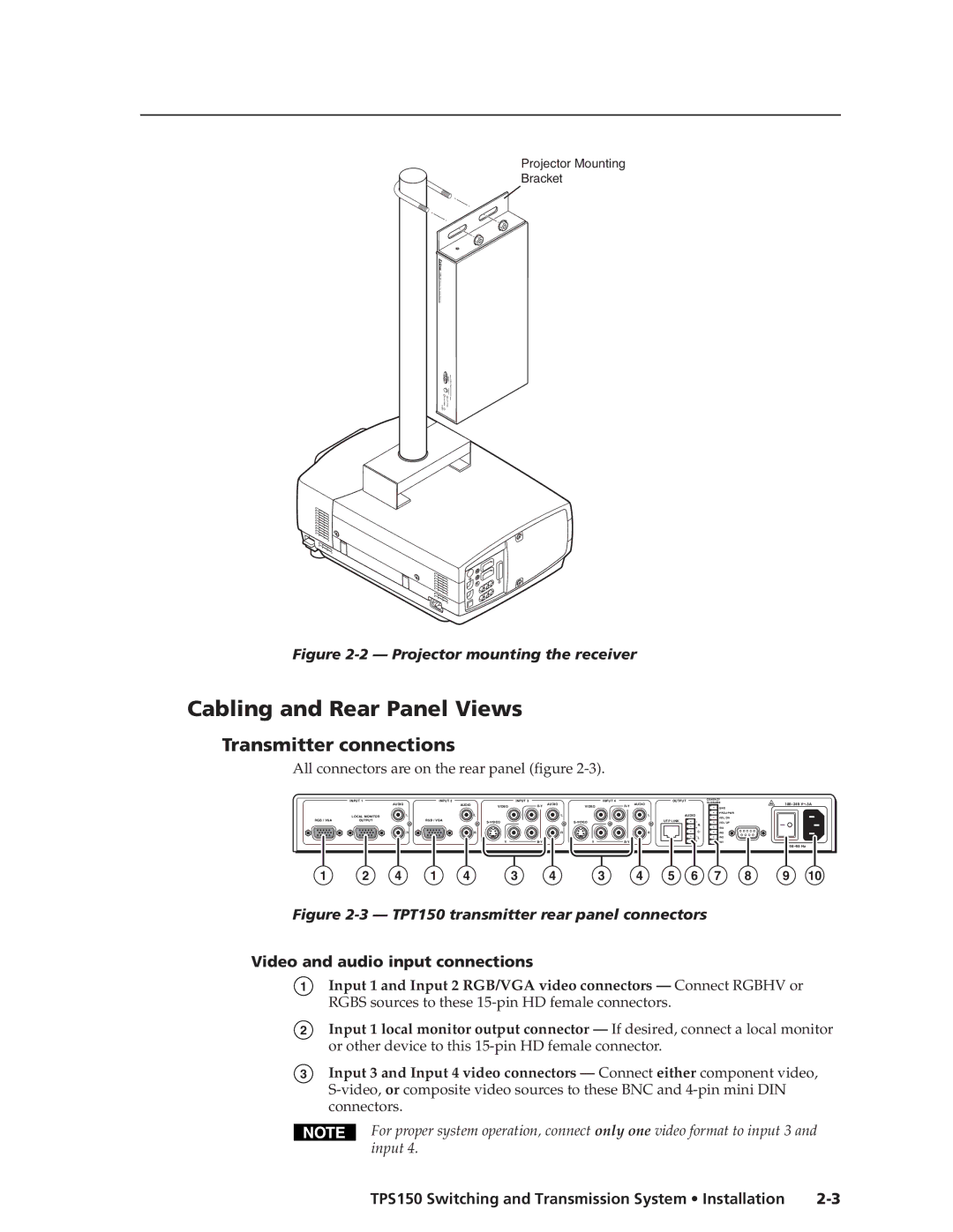 Extron electronic TPS150 manual Cabling and Rear Panel Views, Transmitter connections, Video and audio input connections 