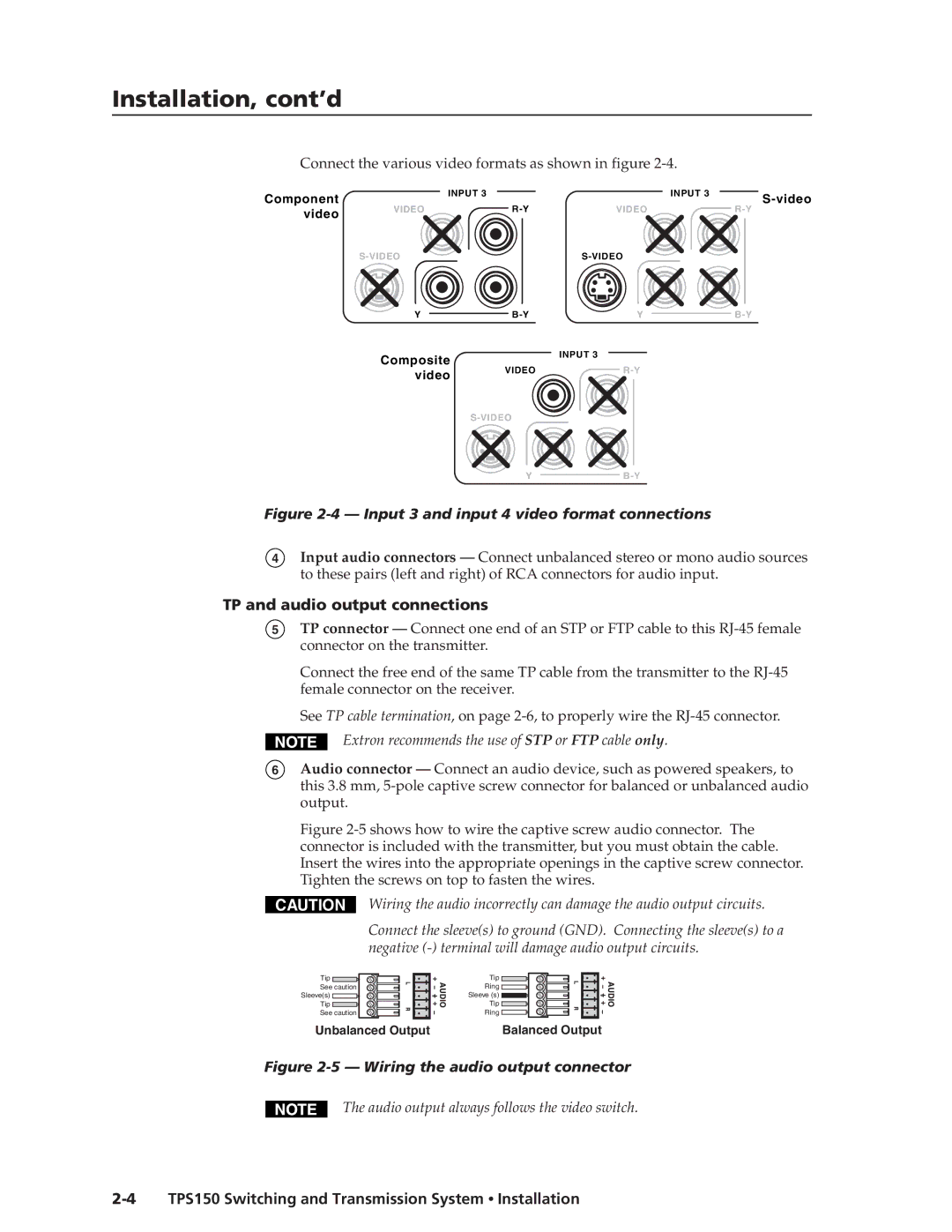 Extron electronic TPS150 manual Installation, cont’d, TP and audio output connections 