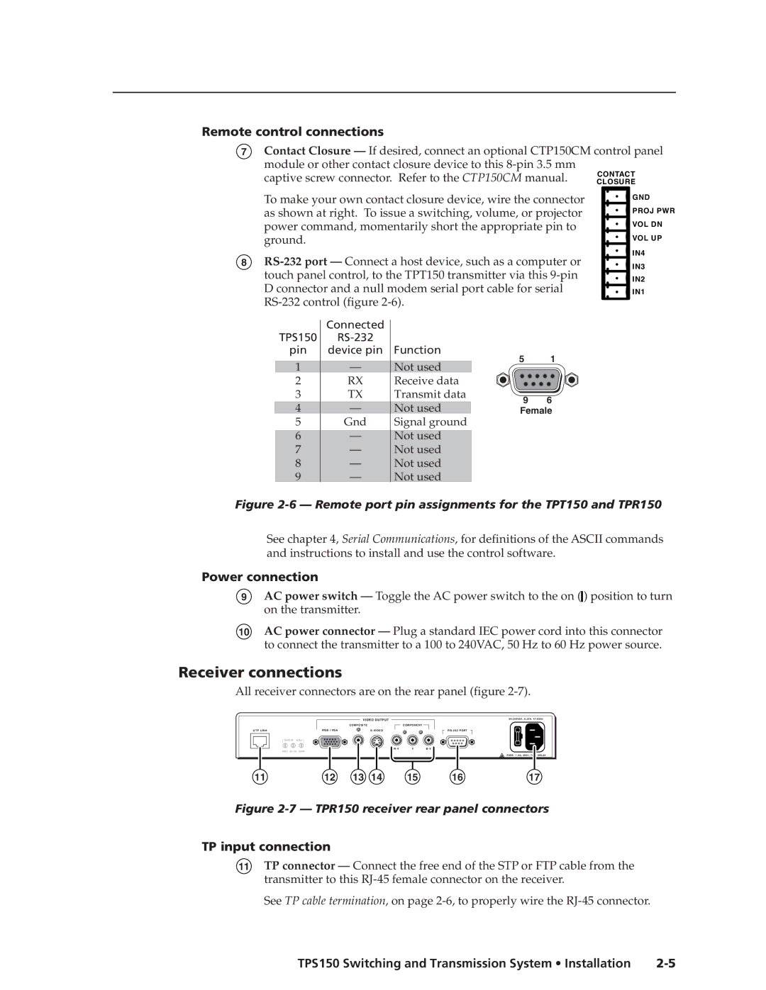 Extron electronic TPS150 manual Receiver connections, Remote control connections, Power connection, TP input connection 
