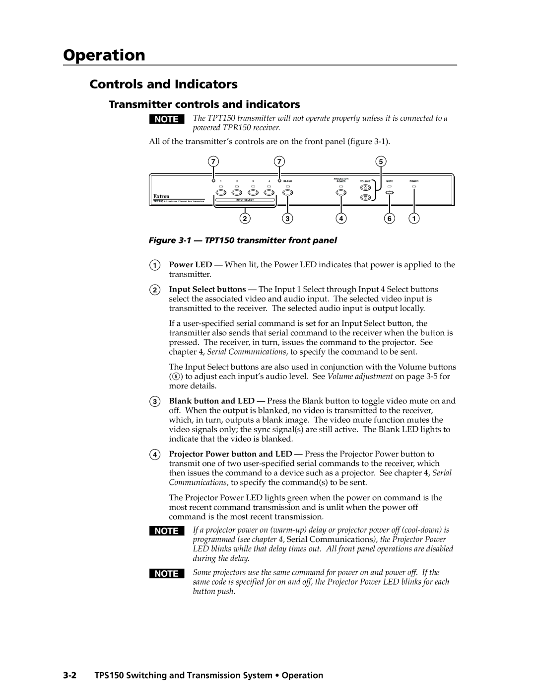 Extron electronic TPS150 manual Operationeration, cont’d, Controls and Indicators, Transmitter controls and indicators 