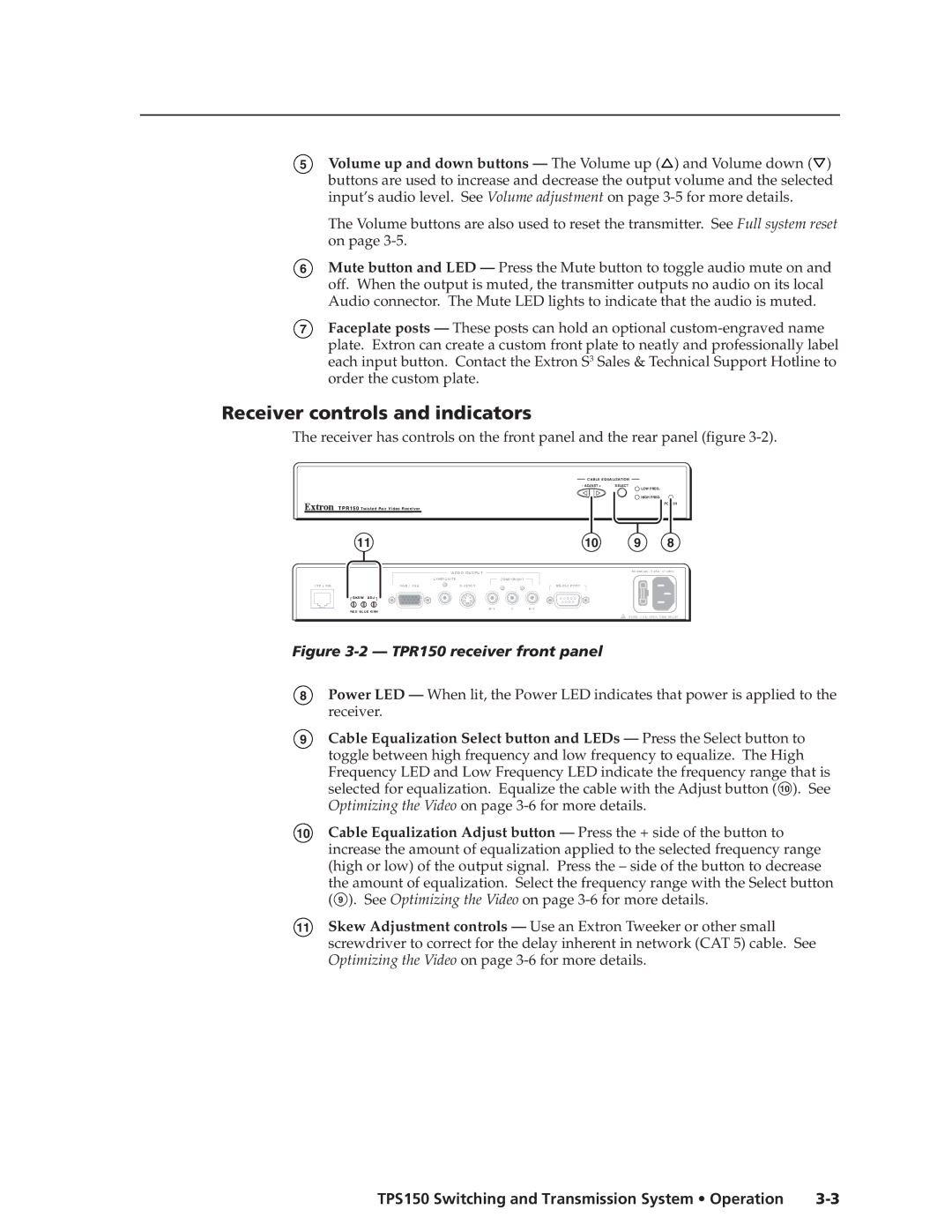 Extron electronic TPS150 manual Receiver controls and indicators, TPR150 receiver front panel 