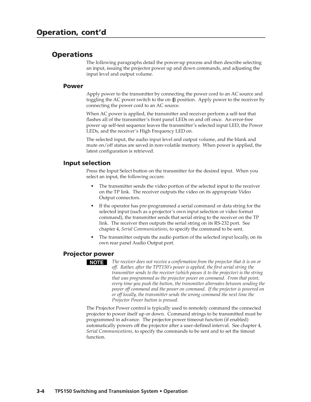 Extron electronic TPS150 manual Operation, cont’d, Operations, Power, Input selection, Projector power 