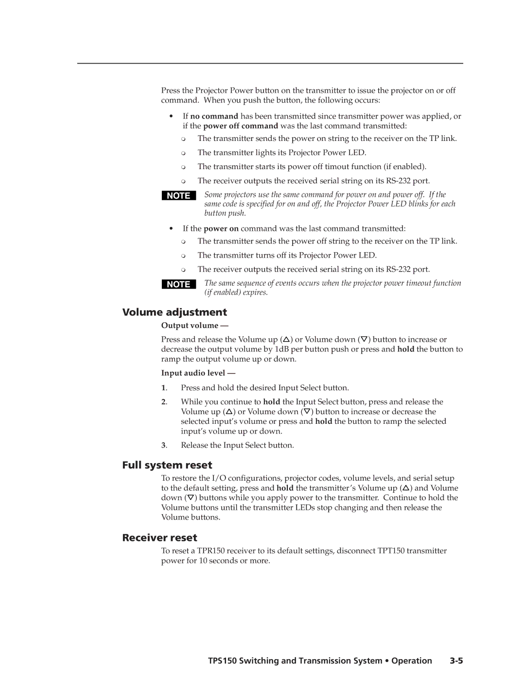 Extron electronic TPS150 manual Volume adjustment, Full system reset, Receiver reset, Output volume, Input audio level 