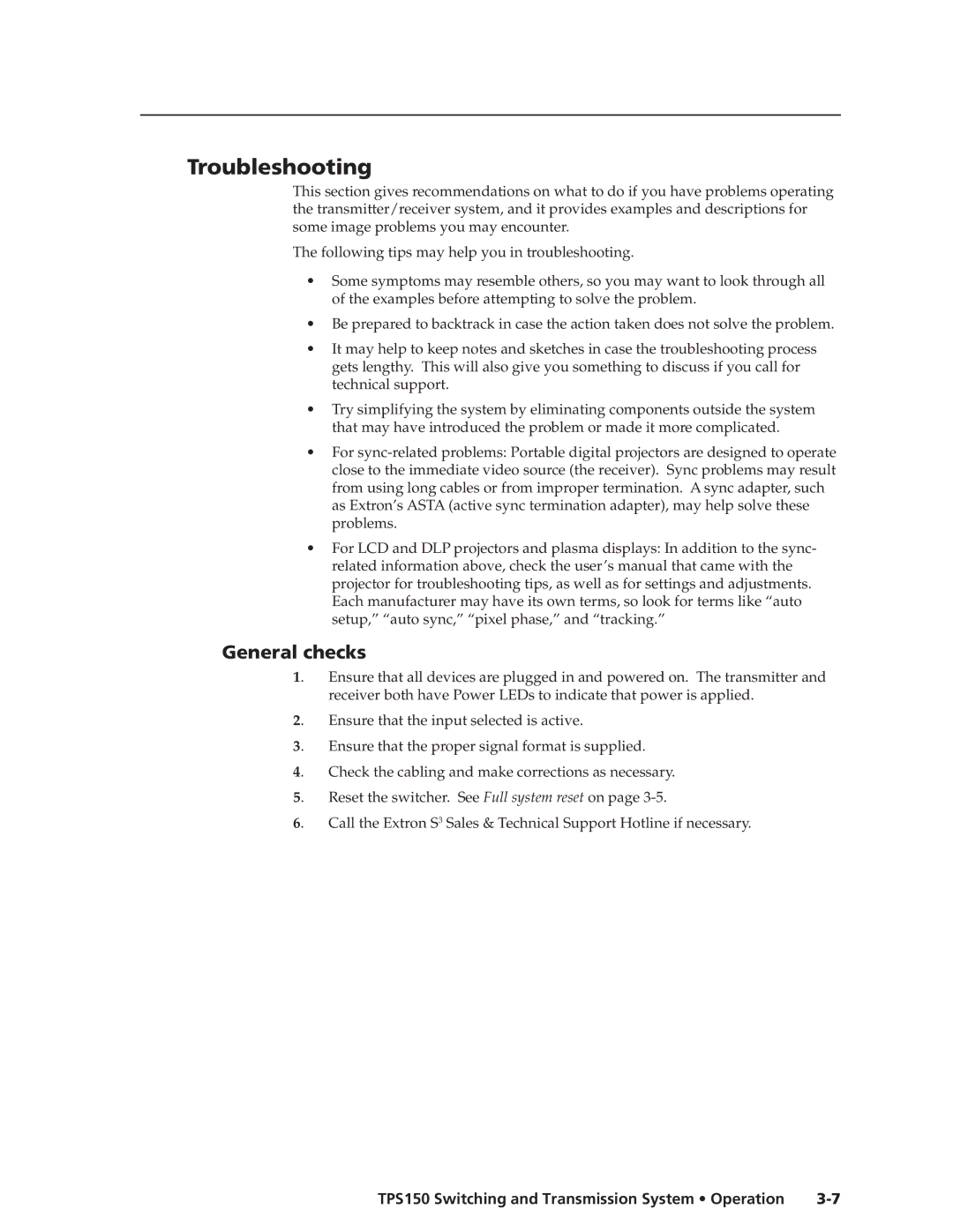 Extron electronic TPS150 manual Troubleshooting, General checks 