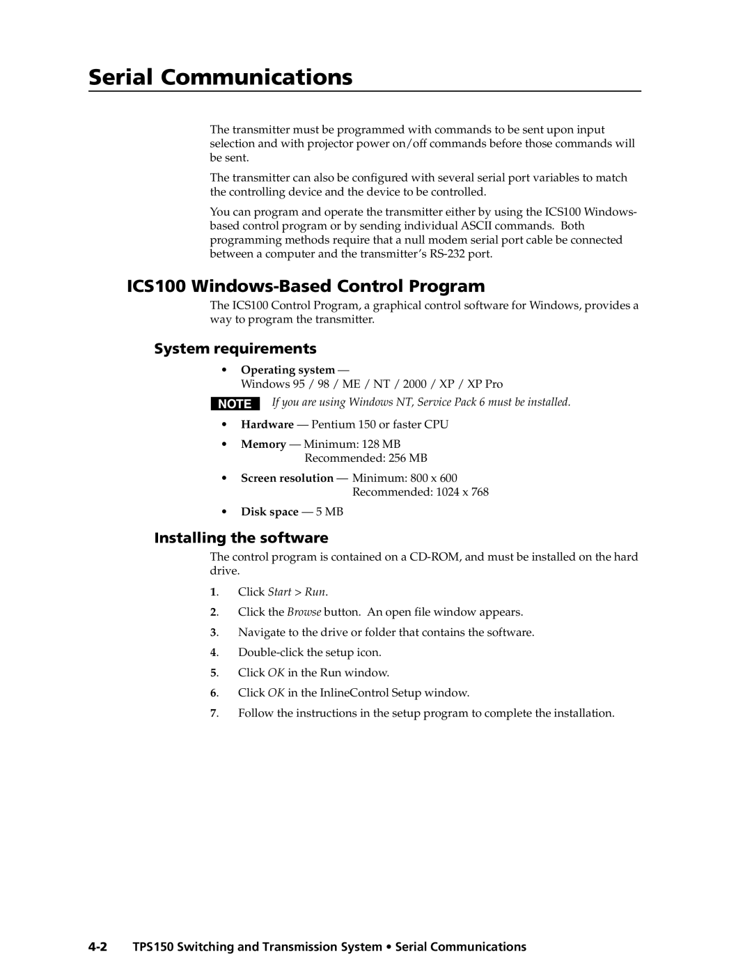 Extron electronic TPS150 SerialCommunicationsunications, cont’d, ICS100 Windows-Based Control Program, System requirements 