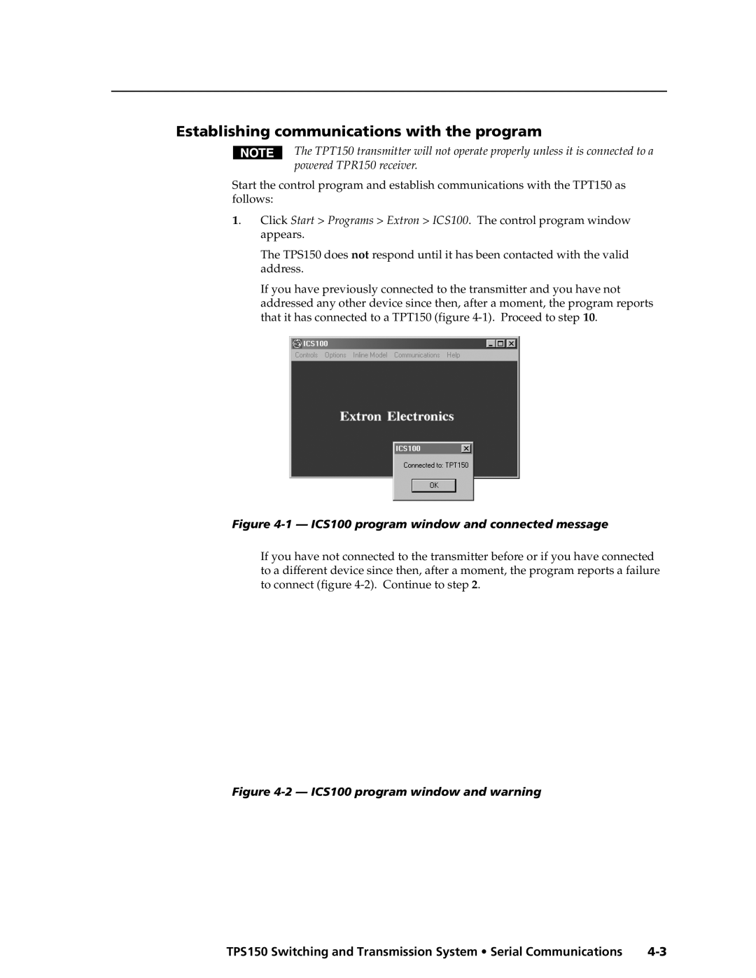 Extron electronic TPS150 manual Establishing communications with the program, ICS100 program window and connected message 