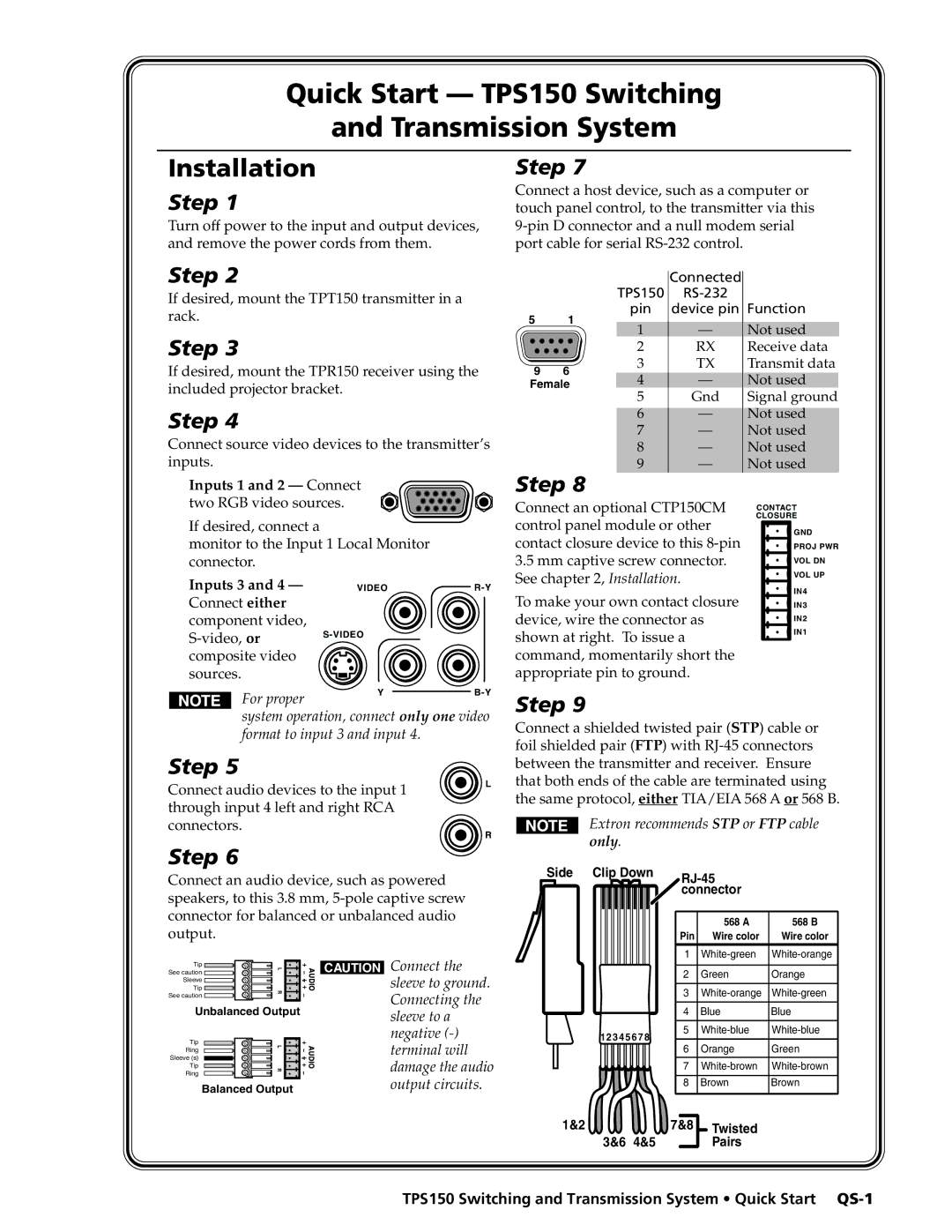 Extron electronic manual Inputs 1 and 2 Connect, Inputs 3, TPS150 Switching and Transmission System Quick Start QS-1 