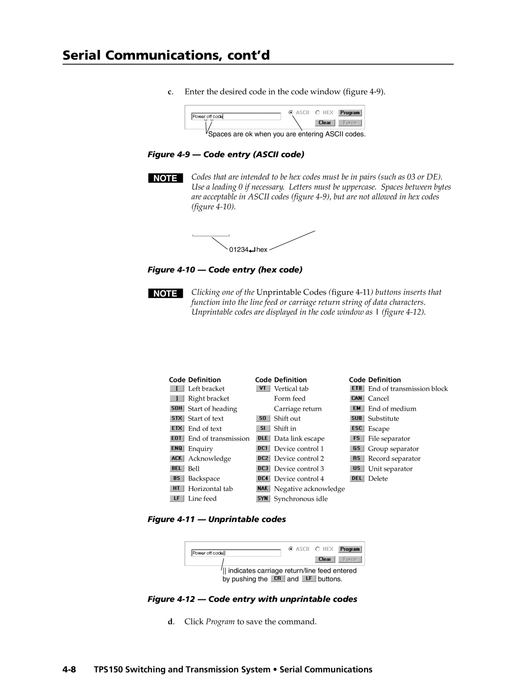 Extron electronic TPS150 manual Code entry Ascii code 