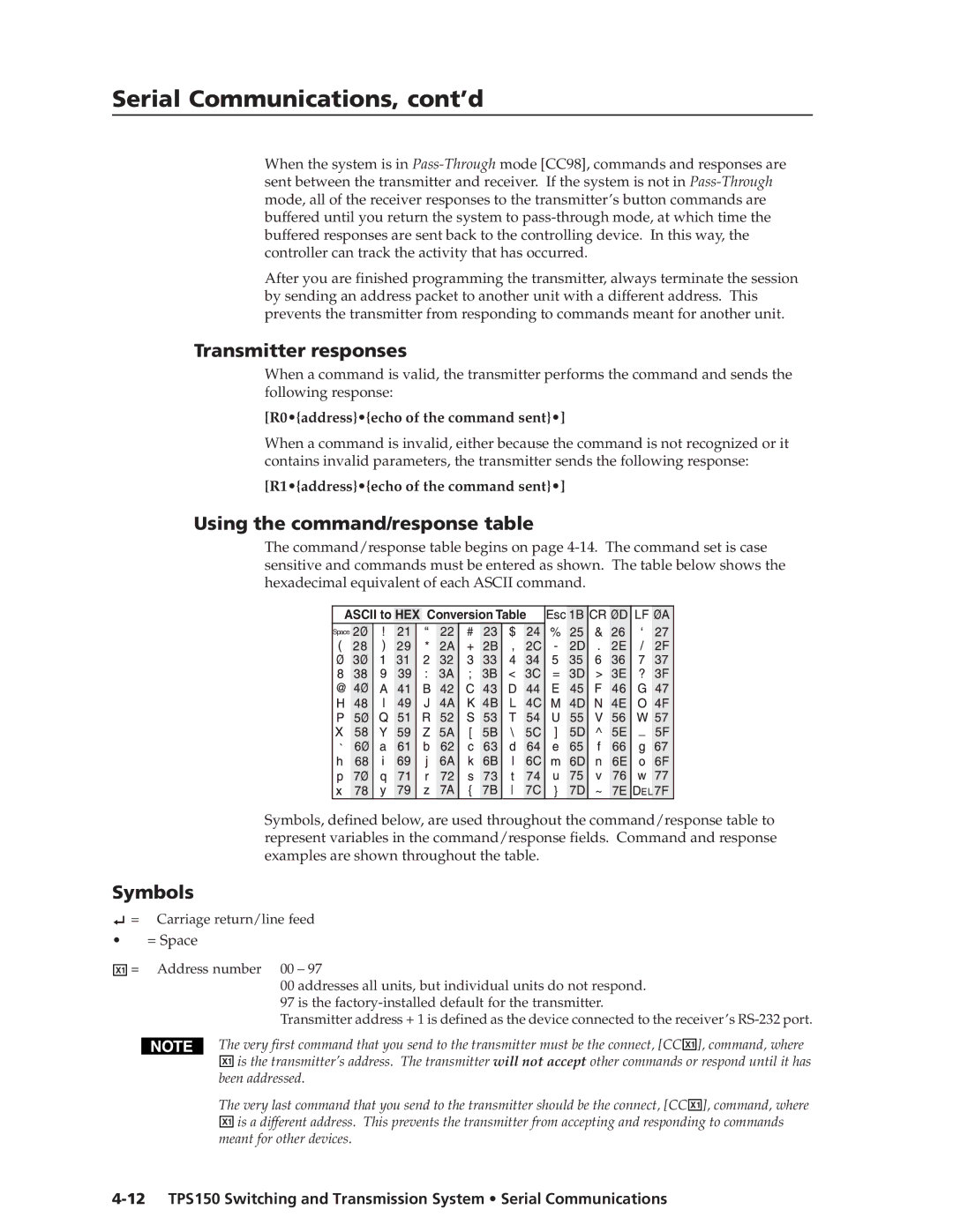 Extron electronic TPS150 manual Transmitter responses, Using the command/response table, Symbols 