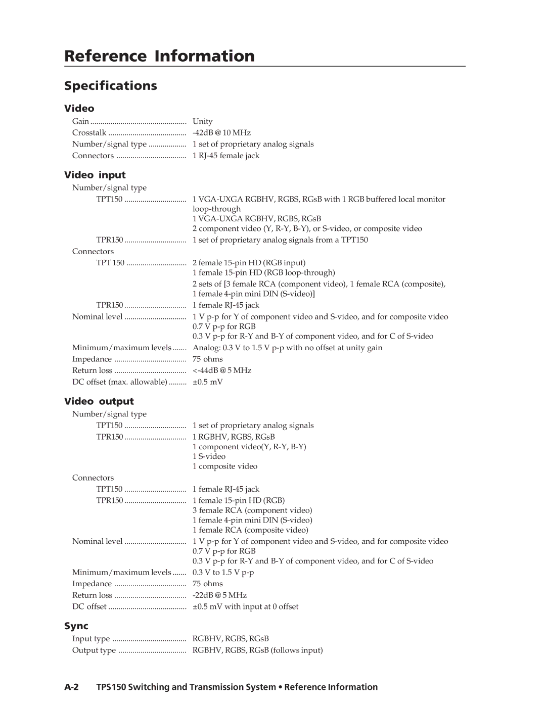 Extron electronic TPS150 manual Reference Information, Specifications 