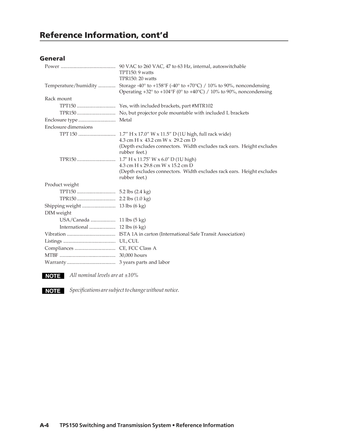 Extron electronic TPS150 manual Reference Information, cont’d, General 